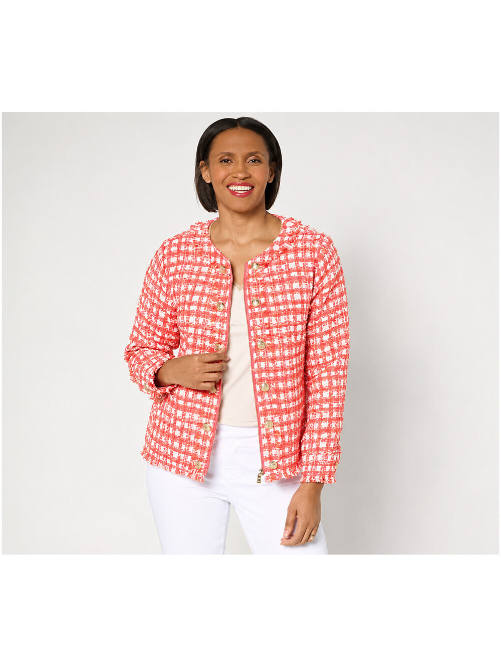 Belle by Kim Gravel Stay Bold Stay Gold Boucle Jacket Hot Coral, Size Medium